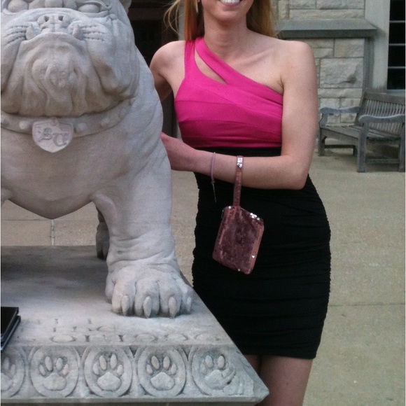 Speechless Hot Pink and Black Ruched One-Shoulder Bodycon Dress, Size Small - Picture 9 of 9